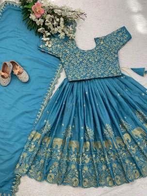 Sky Blue Embroidery Work Chinon Silk Kids Lehenga