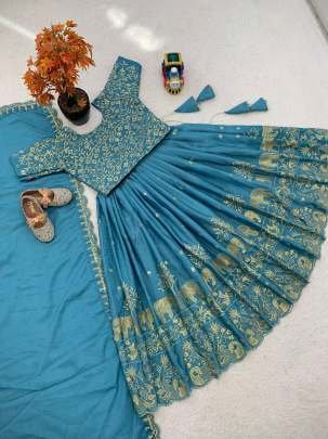 Sky Blue Embroidery Work Chinon Silk Kids Lehenga