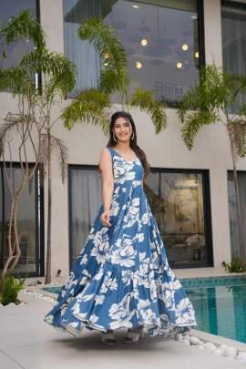 Sky Blue Floral Printed Western One Piece Dress
