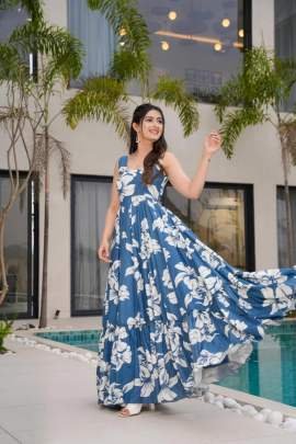 Sky Blue Floral Printed Western One Piece Dress