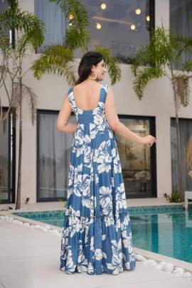Sky Blue Floral Printed Western One Piece Dress