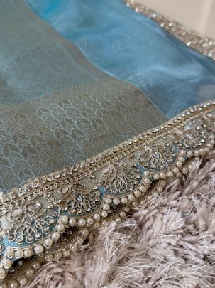 Sky Blue Kanjivaram bridal Waskat Banarasi Silk Saree
