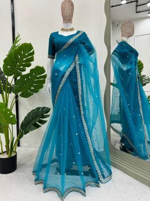 Sky Blue Sequence Work Soft Net Saree