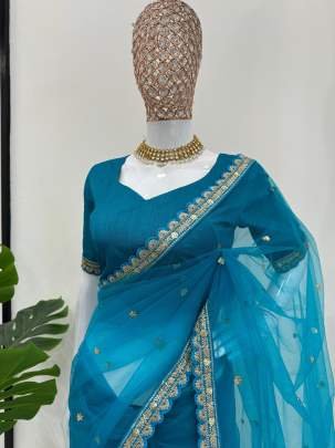 Sky Blue Sequence Work Soft Net Saree