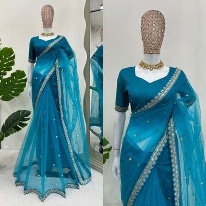 Sky Blue Sequence Work Soft Net Saree