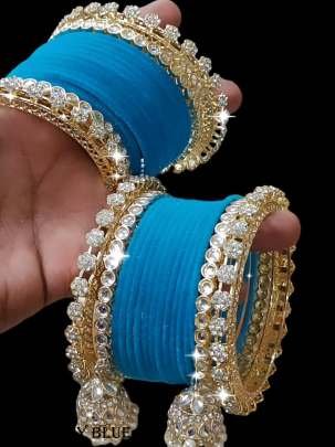 Sky Blue Velvet Golden Jhumki Set