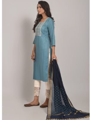 Sky Blue Viscose Rayon Gray Kurti Pant With Dupatta Set