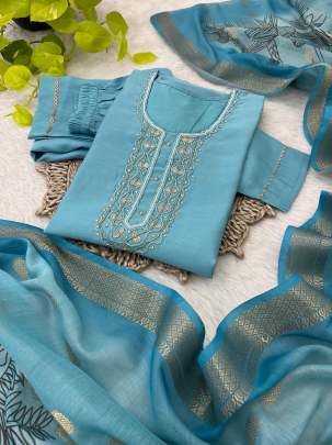 Sky Fancy Neck Handwork Work Roman Silk Kurtis Set With Dupatta