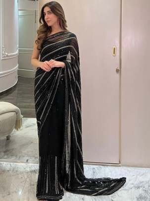 Soft Georgette Black Sequin Work  Saree