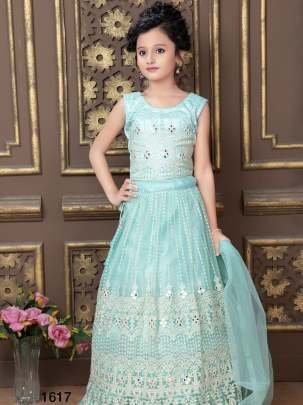 Soft Net Sky Blue Embroidery Stitched Kids Lehenga Choli