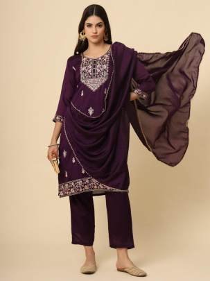 Soft Silk Wine Kurti Pant Dupatta Set