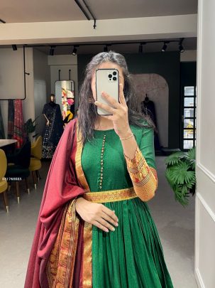 South India Narayanpet Green Gown With Maroon Weaving Dupatta