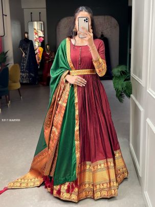 South India Narayanpet Maroon Gown With Green Weaving Dupatta