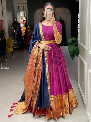 South India Narayanpet Pink Gown With Blue Weaving Dupatta