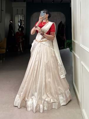 South Indian Style Red Blouse With White Half Lehenga Saree