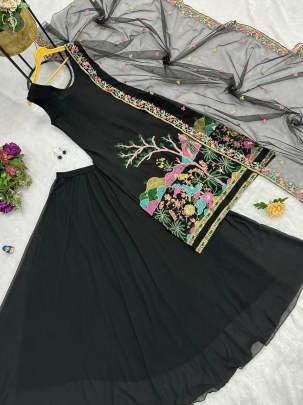 Stuning Black Colour Embroidery Work lehenga Kurti Dupatta Set