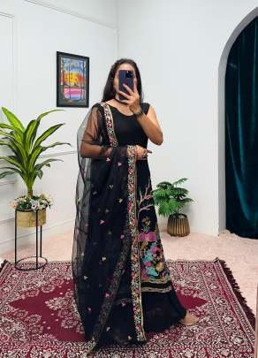 Stuning Black Colour Embroidery Work lehenga Kurti Dupatta Set