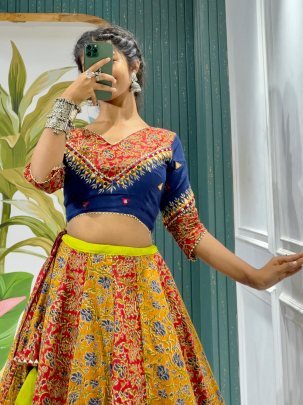Stunning Ajrakh Blue 8 Meter Flair Lehenga For Navratri