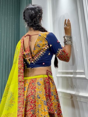 Stunning Ajrakh Blue 8 Meter Flair Lehenga For Navratri