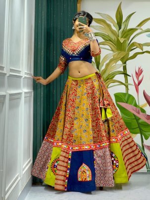 Stunning Ajrakh Blue 8 Meter Flair Lehenga For Navratri
