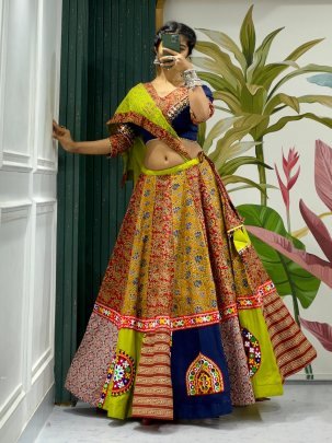 Stunning Ajrakh Blue 8 Meter Flair Lehenga For Navratri 