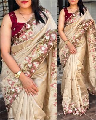 stunning cut work visca slub Cream Saree