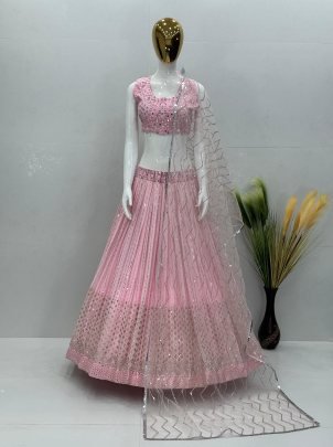 Stunning Fuax Georgette With Real Mirror Work Pink Lehenga