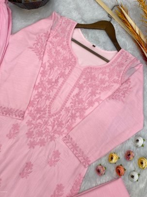 Stylish Baby Pink Color Muslin Kurta Palazzo Dupatta Set