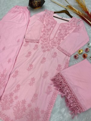 Stylish Baby Pink Color Muslin Kurta Palazzo Dupatta Set