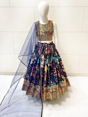 Stylish Blue Digital Print Sequence Work Kids Lehenga Choli