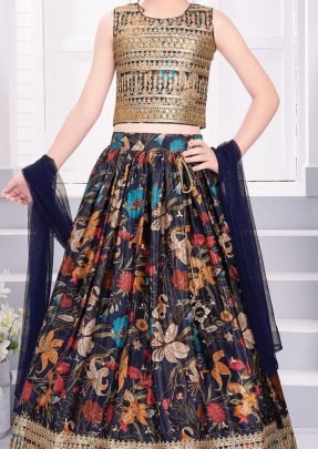 Stylish Blue Digital Print Sequence Work Kids Lehenga Choli