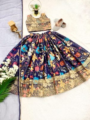 Stylish Blue Digital Print Sequence Work Kids Lehenga Choli