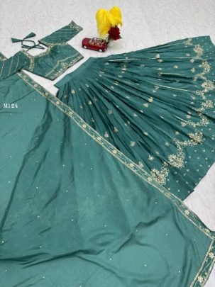 Stylish Chinon  Teal Green Sequence Lehenga by Fab Funda