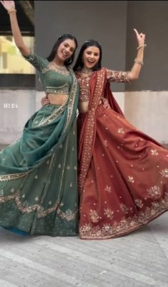Stylish Chinon  Teal Green Sequence Lehenga by Fab Funda