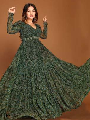 Stylish Georgette Green Bandhani Gown with Belt