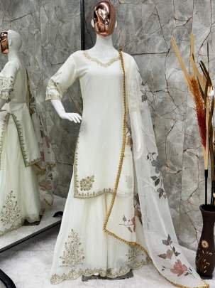 Stylish Heavy Chinon Embroidered Work White Gharara Suit