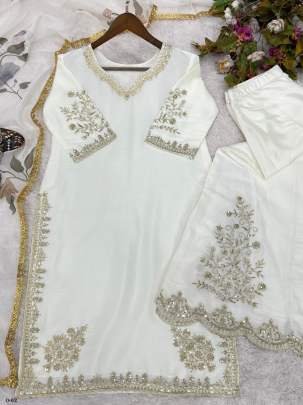 Stylish Heavy Chinon Embroidered Work White Gharara Suit