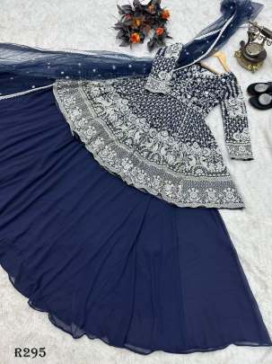 Stylish Navy Blue Sequence And Embroidery Top With Lehenga