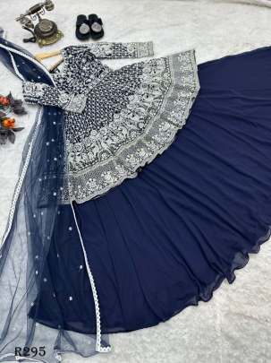 Stylish Navy Blue Sequence And Embroidery Top With Lehenga