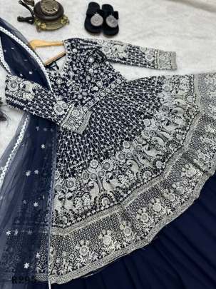 Stylish Navy Blue Sequence And Embroidery Top With Lehenga