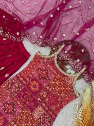 Stylish Pink Chinon Palazzo Suit With Sequence And Mirror Work