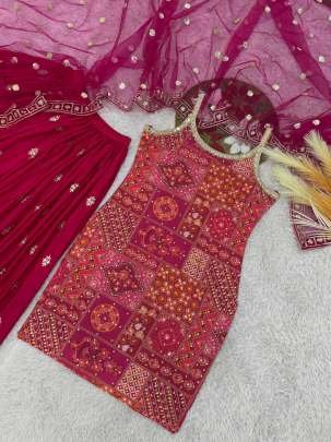 Stylish Pink Chinon Palazzo Suit With Sequence And Mirror Work