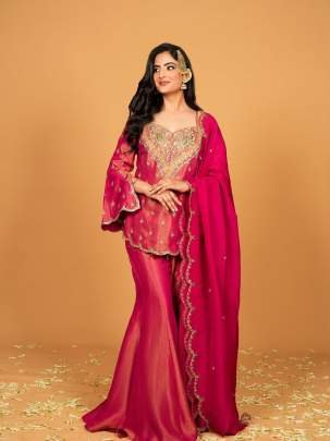 Stylish Pink Embroidered Kurti With Flared Palazzo And Dupatta Set