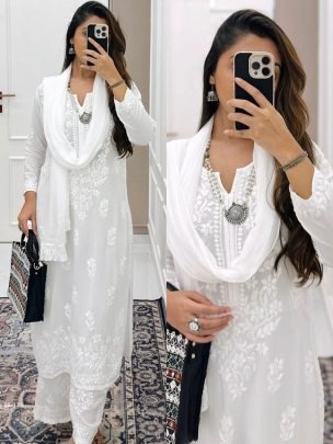 Stylish White Color Muslin Kurta Palazzo Dupatta Set