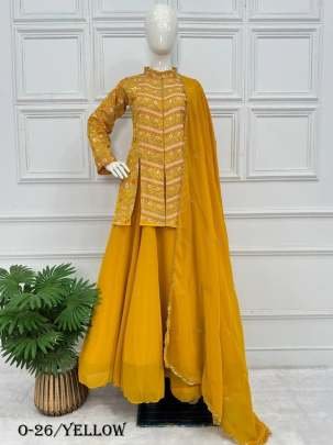 Stylish Yellow Georgette Lehenga Koti And Dupatta