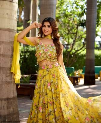 Sunshine Flower print stones work Lehenga Set