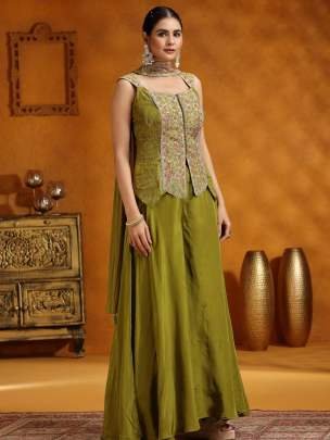 Super Hit Mehendi Color Chinon Kurti Palazzo Set