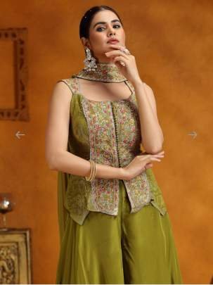 Super Hit Mehendi Color Chinon Kurti Palazzo Set