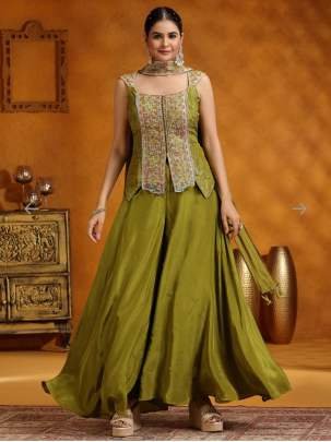Super Hit Mehendi Color Chinon Kurti Palazzo Set