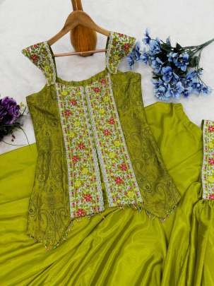Super Hit Mehendi Color Chinon Kurti Palazzo Set